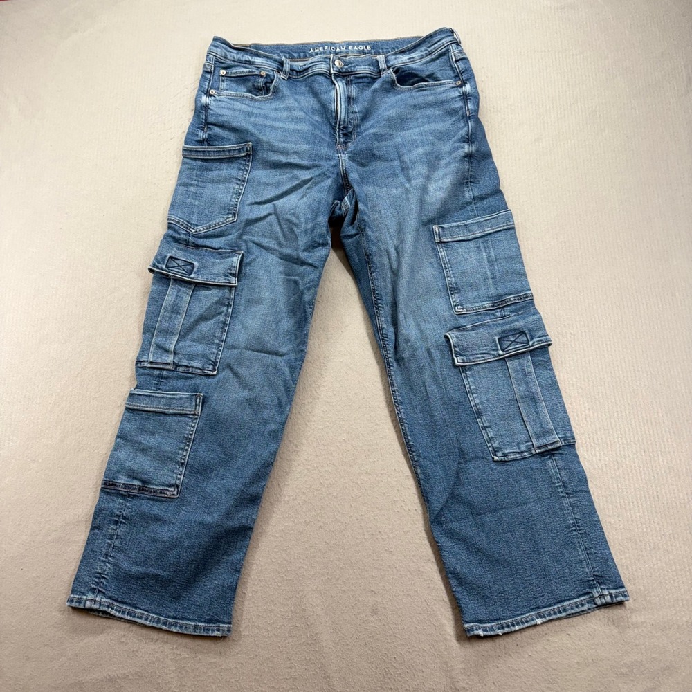 American Eagle Cargo Jeans Womens 18 Blue Super High Rise Baggy Straight